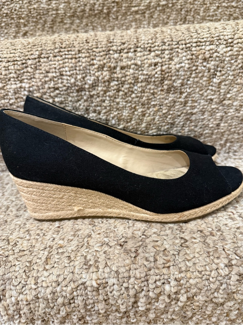 Bandolino Black Canvas Peep-Toe Espadrille Wedges